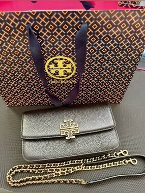 Brand New Tory Burch Black Leather Wallet on Chain